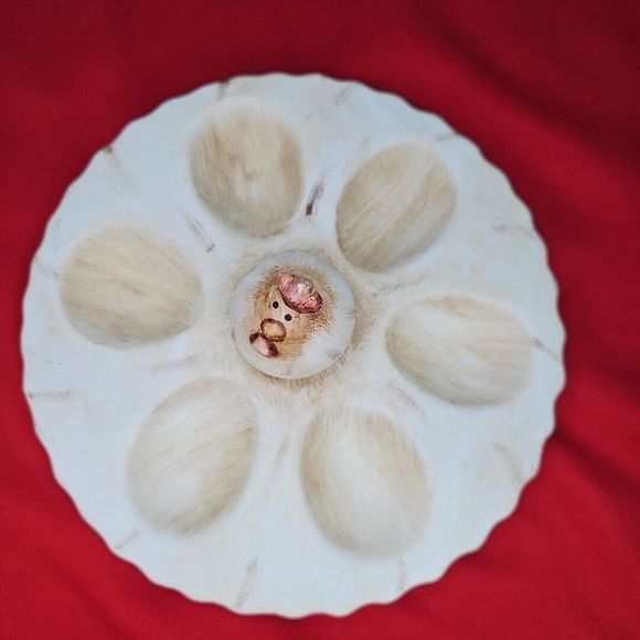 Deviled 6 Egg Tray Serving Easter Platter With Chicken Rooster Beige Round - Picture 2 of 9